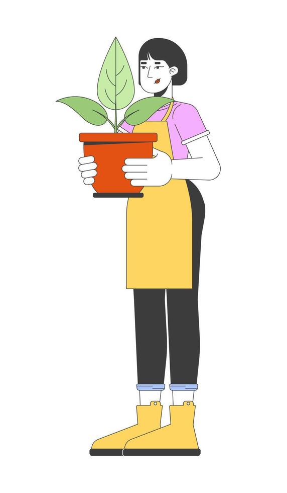 Asian woman holding houseplant 2D cartoon character. Happy caucasian female with potted plant isolated flat person white background. Home garden cultivation color spot illustration vector