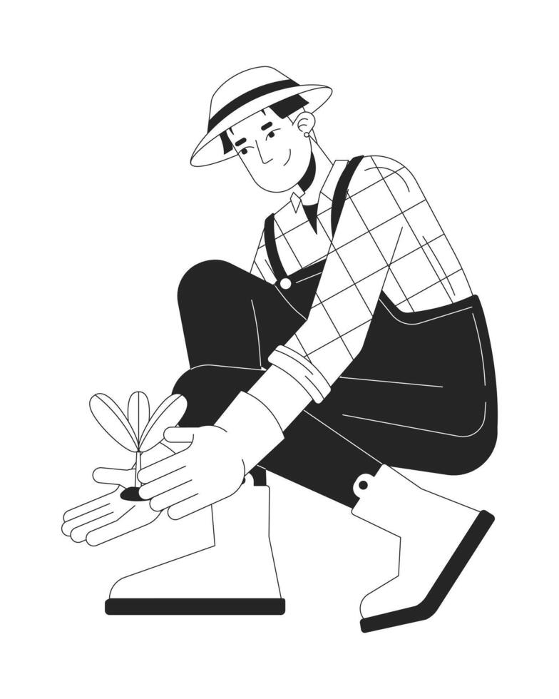 Korean male planting seedling 2D cartoon character. Asian man farmer holding young sprout isolated flat person white background. Agricultural vegetable field color spot illustration vector