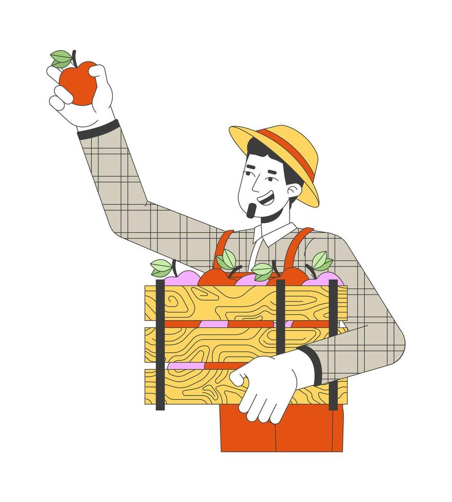Smiling caucasian man picking apples 2D cartoon character. European male farmer with fruits crate isolated flat person white background. Garden harvest season color spot illustration vector