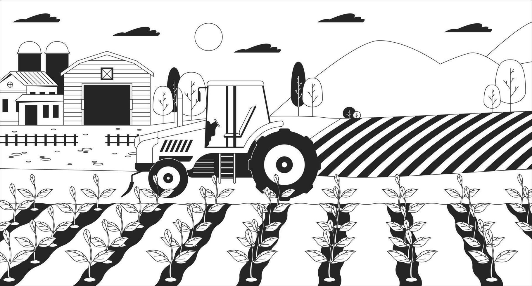 Tractor in farm field black and white line illustration. Agricultural machine working on plantation 2D landscape monochrome background. Plant cultivation business outline scene image vector