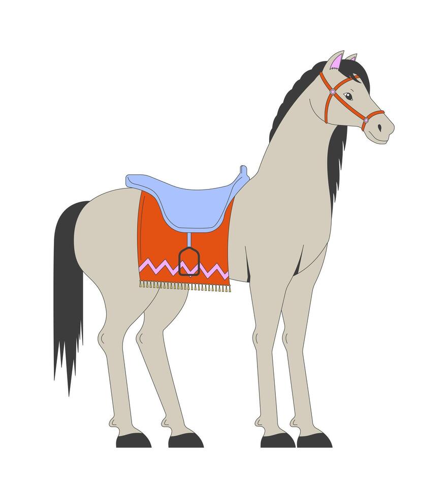 Saddled purebred horse 2D cartoon character. Equine animal ready for riding training isolated flat animal white background. Hippotherapy session at country ranch color spot illustration vector