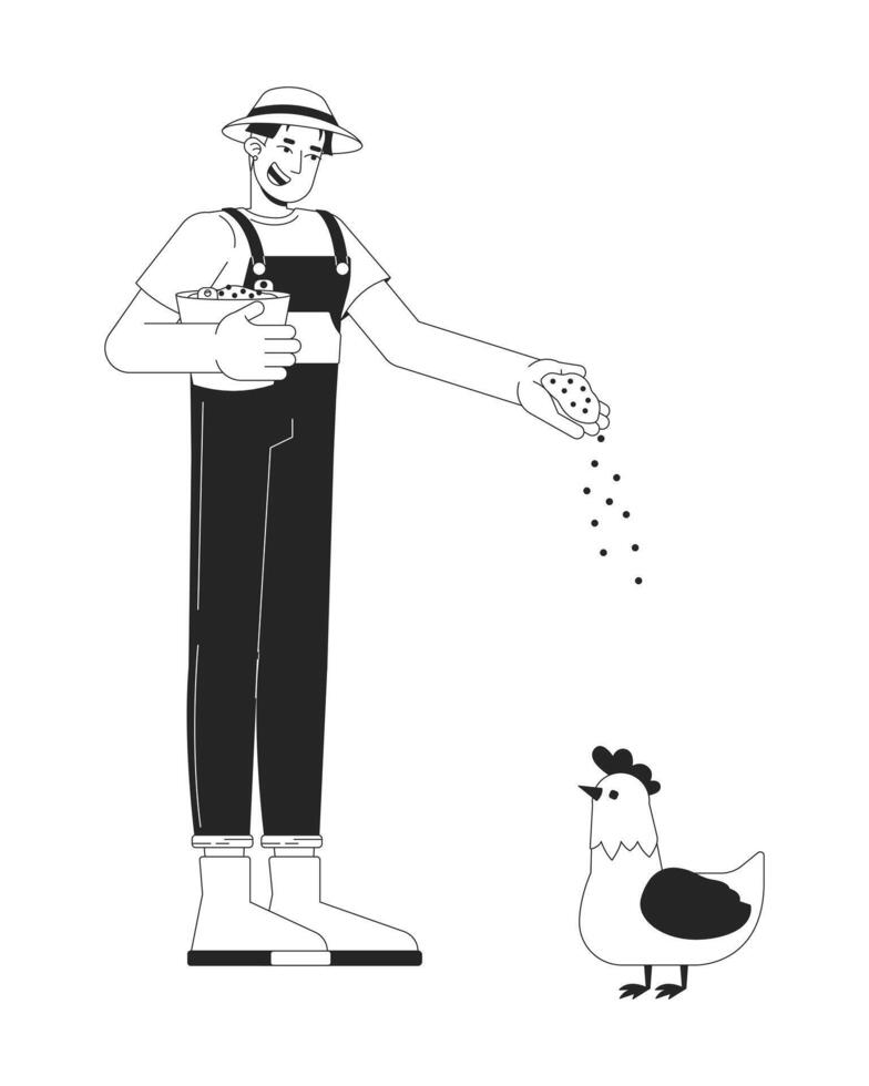 Happy asian man farmer feeding chicken 2D cartoon character. Korean male giving grains to hen isolated flat person white background. Poultry farm routine work color spot illustration vector