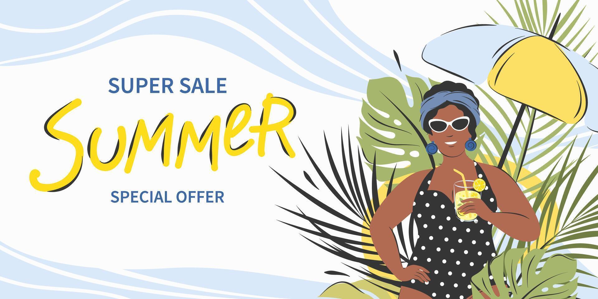 Summer sale concept. Banner design with afro american woman, tropical leaves and beach umbrella. Horizontal poster for Sales, ads, flyer, header for website. vector