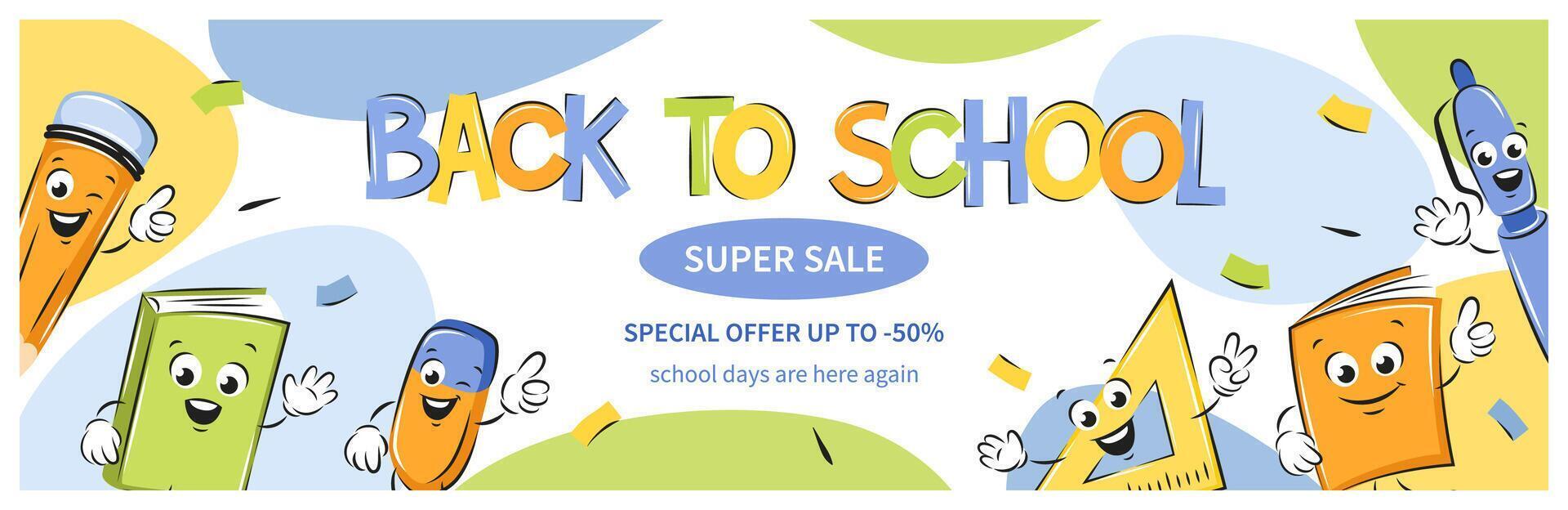 Back to school sale banner. School funny cartoon office supplies characters. Design poster for Sales, for ads, flyer, header. vector