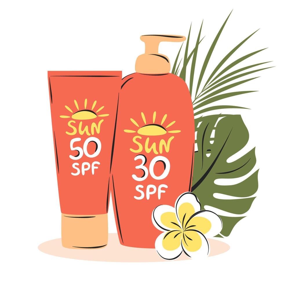 Set of anti-UV cream with tropical leaves and flowers. Tubes and bottles of sunscreen products with different SPF. vector