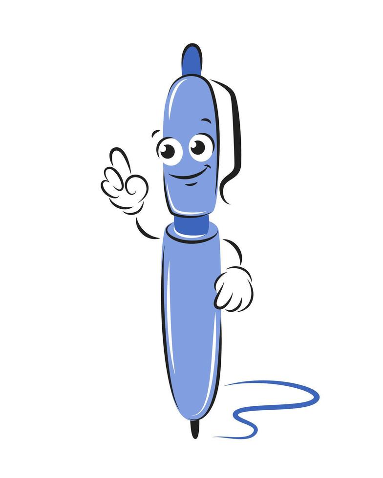 Cartoon pen pointing with his finger, smiles. Knowledge and education concept. illustration for children design or school. vector