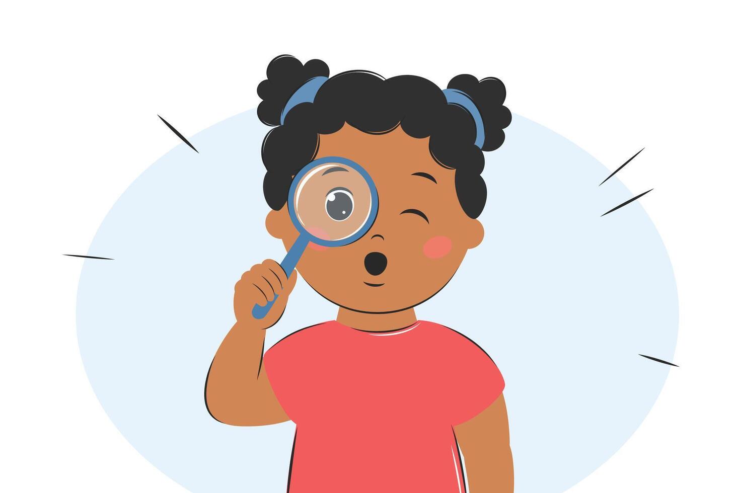 Child surprised. Curious kid girl with dark hair and skin look in magnifying glass. Girl using magnifier for learning, study. vector