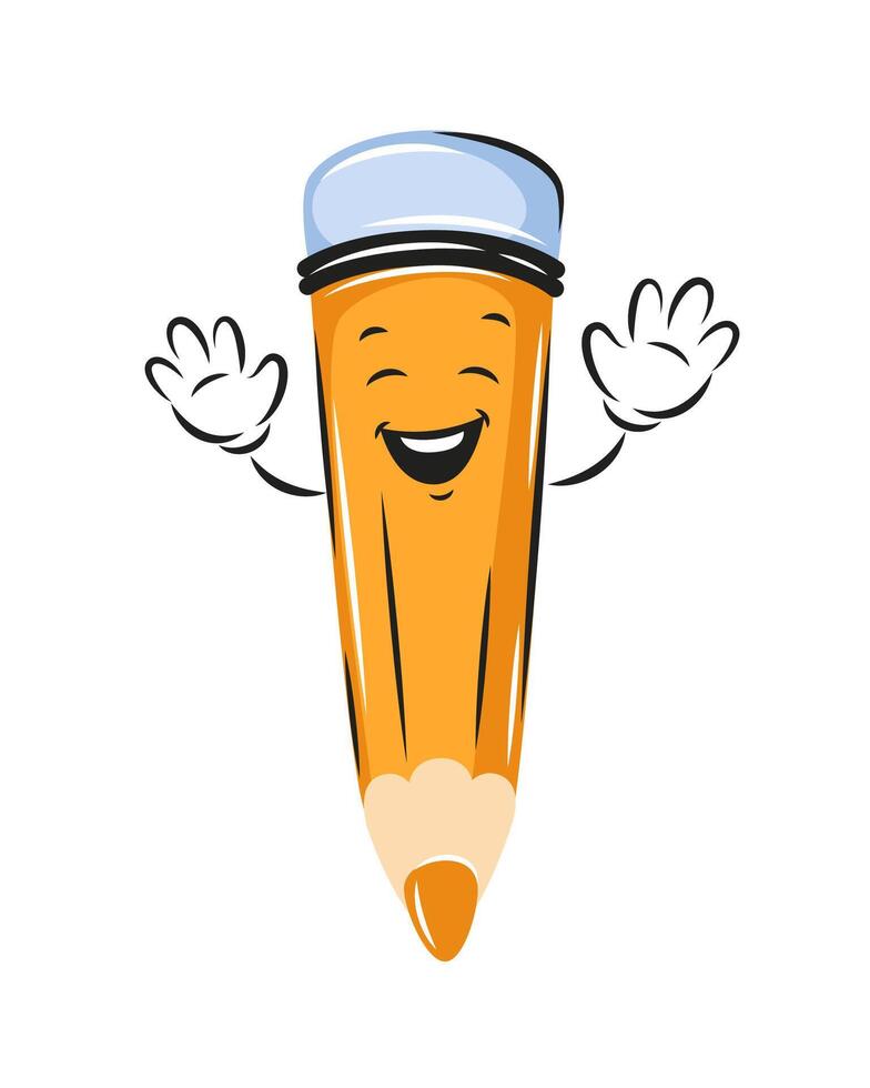 Happy cartoon pencil rejoices at good luck or victory. Knowledge and education concept. illustration for children design or school. vector