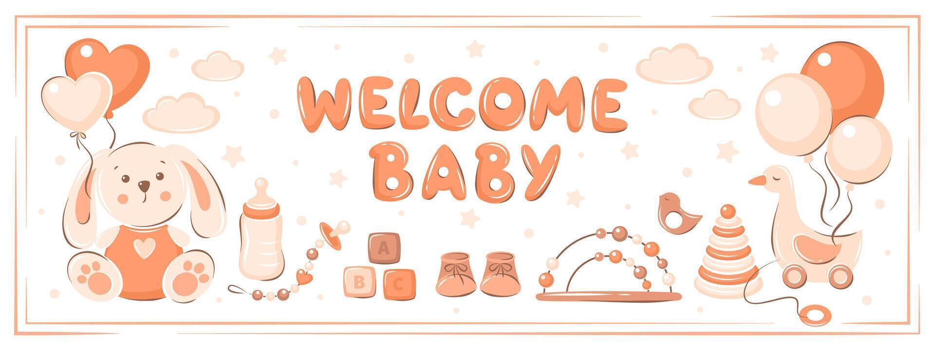 Welcome baby. Baby shower invitation with Children's toysr, rabbit, balloons and clouds. vector