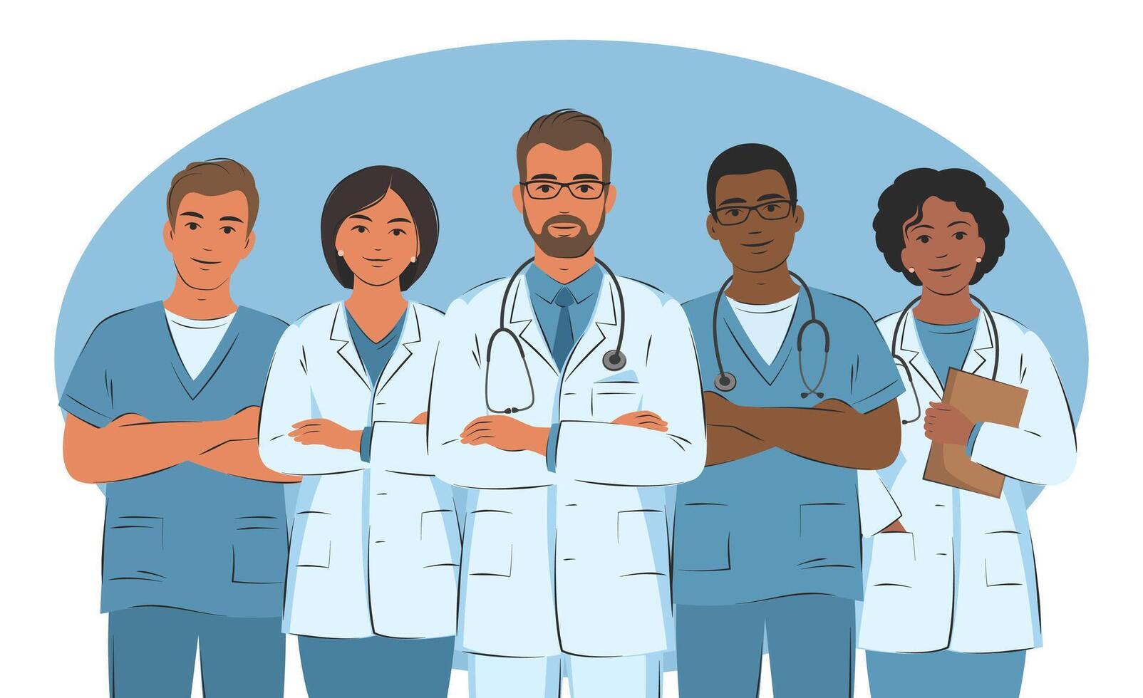 Doctor and assistant, nurses and medical helping group. Hospital team. Friendly and caring workers. vector