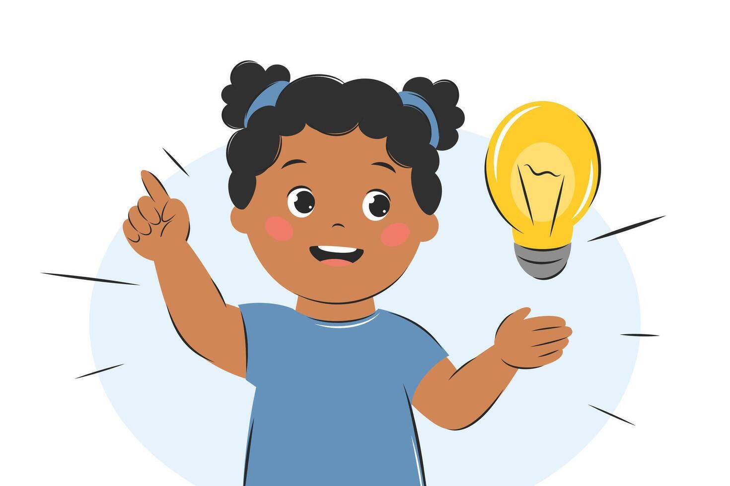 Cute kid girl thinking, child with idea, with lightbulb. Knowledge, creative thinking and education concept. vector