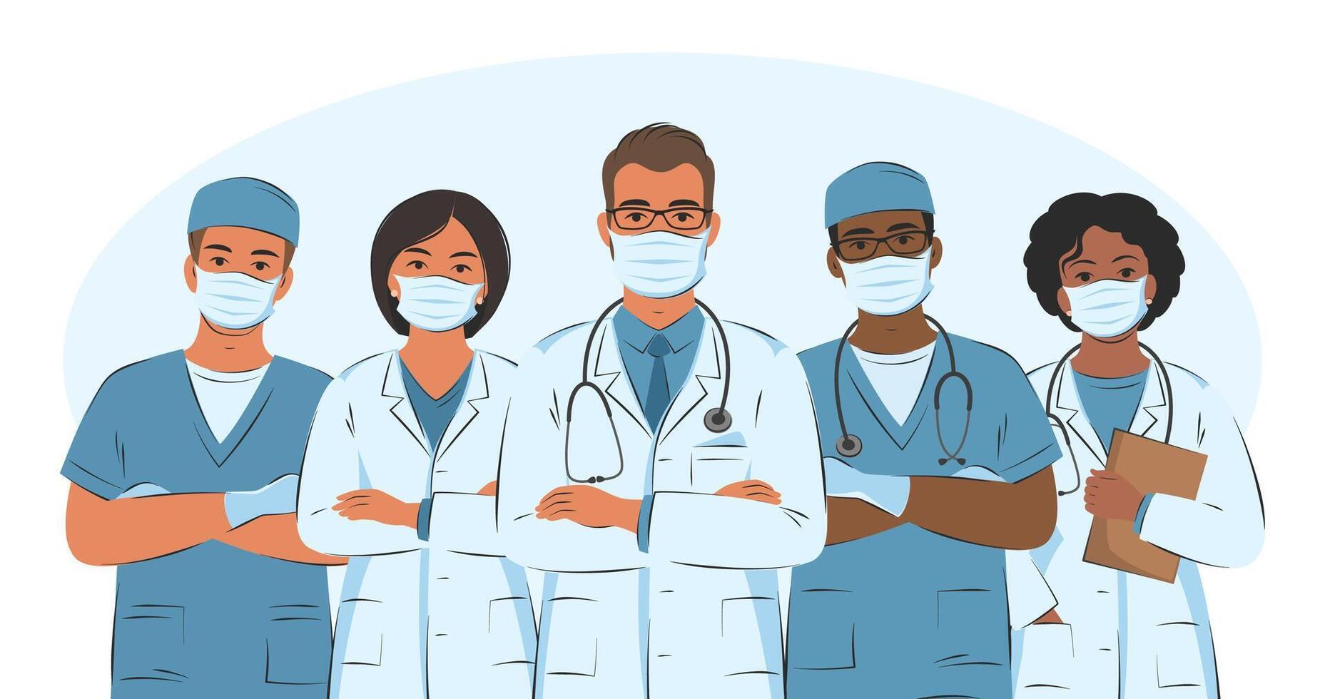 Doctor and assistant, nurses and medical helping group. Hospital team. Friendly and caring workers in protective masks and gloves. vector