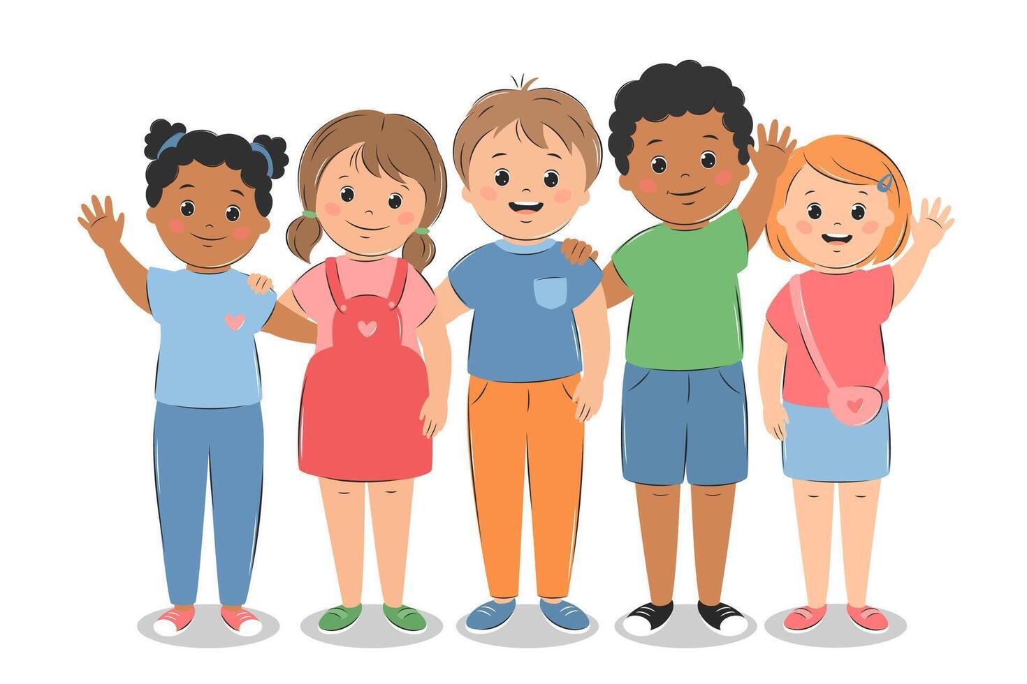 Happy children. Different cute boys and girls stand together. vector