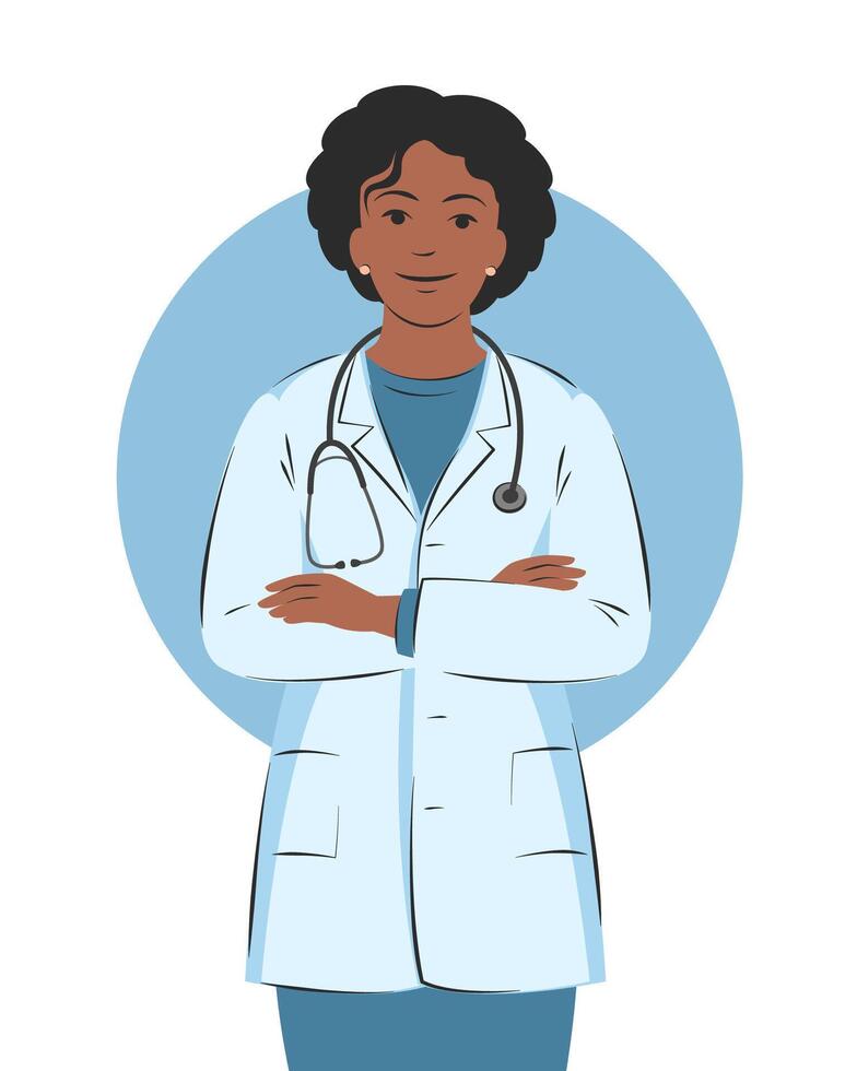 Doctor woman in white coat. Friendly and caring medical worker. vector