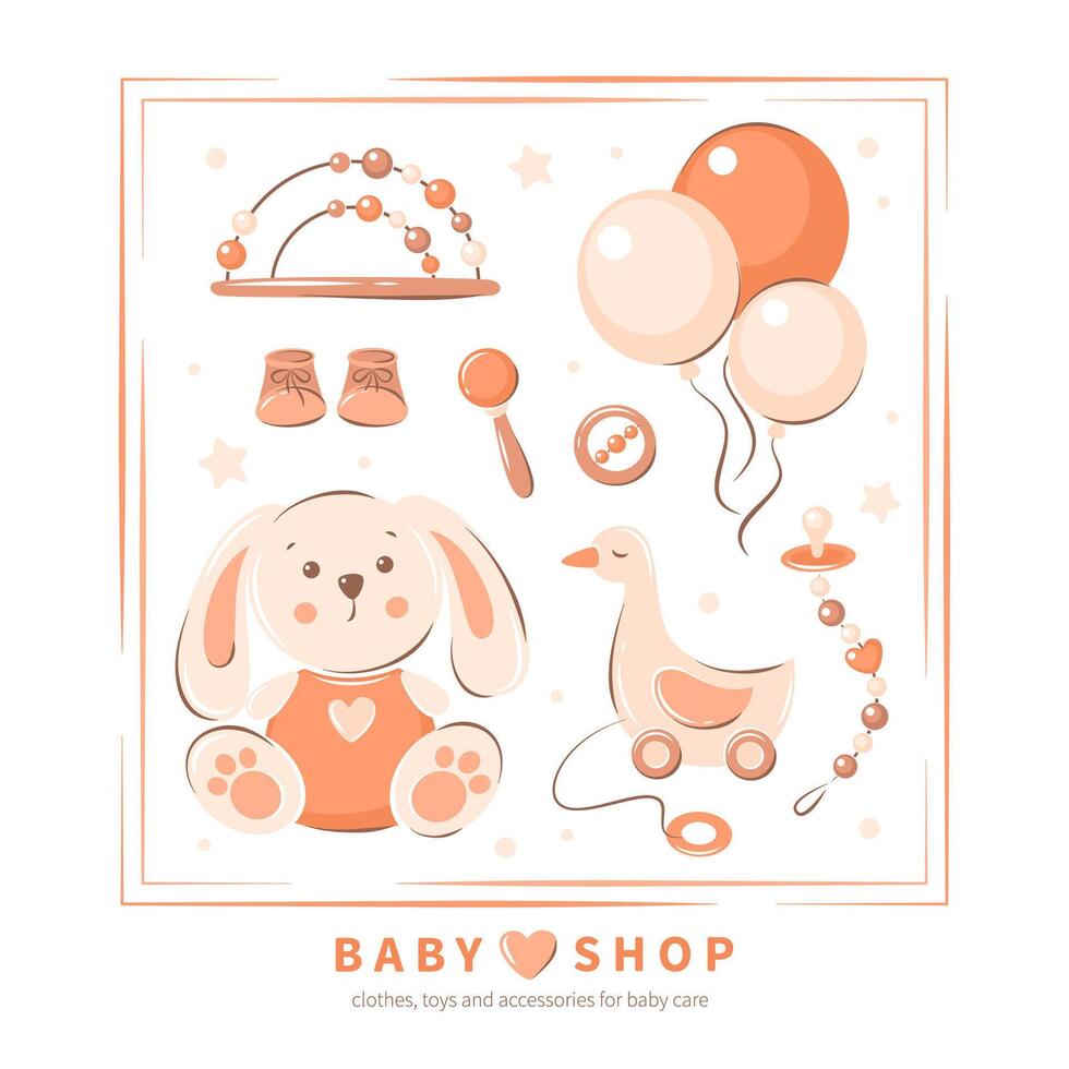 Baby shop logo. Children's toys, playing, childhood, baby care, clothes and shoes. illustration kid's store for poster, banner or card. vector