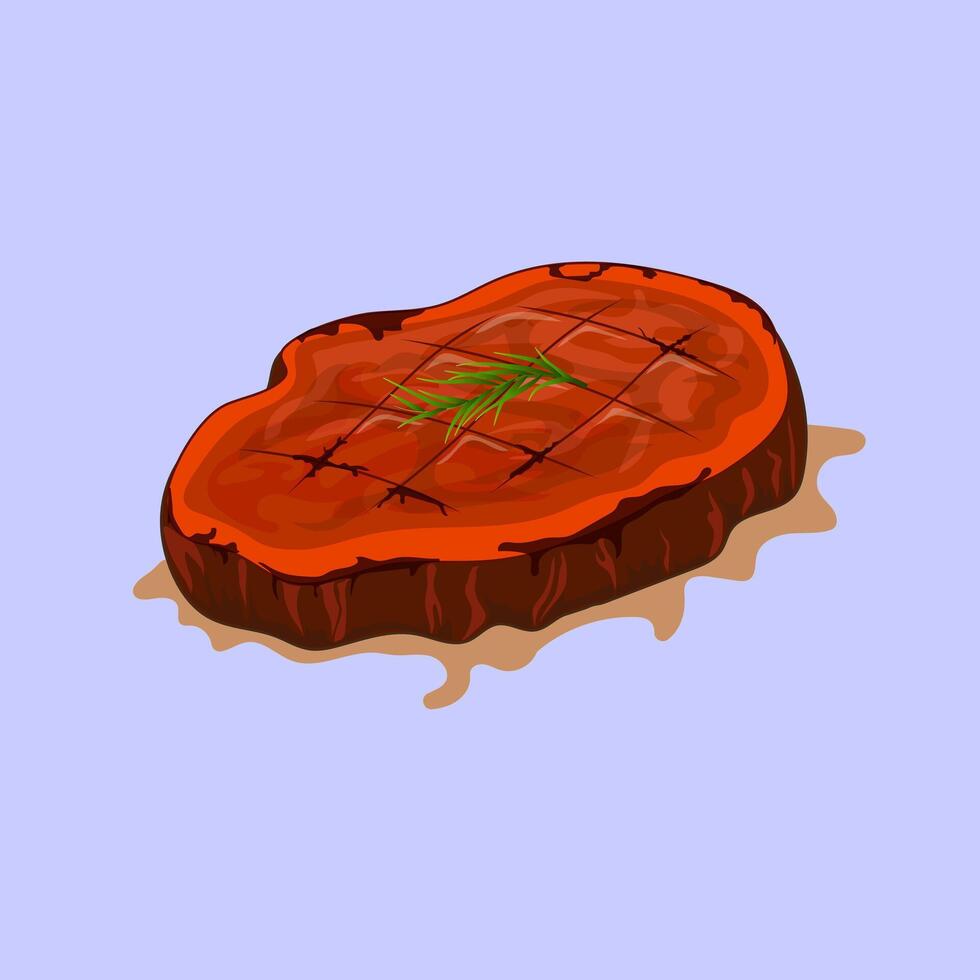Beef steak with leaves garnished on a milky-purple background. vector