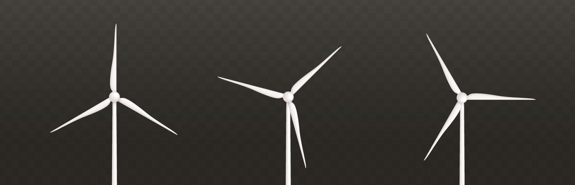 Set of white 3d wind turbines. Windmills for eco energy. Wind towers with vanes for producing renewable alternative natural energy on dark background vector
