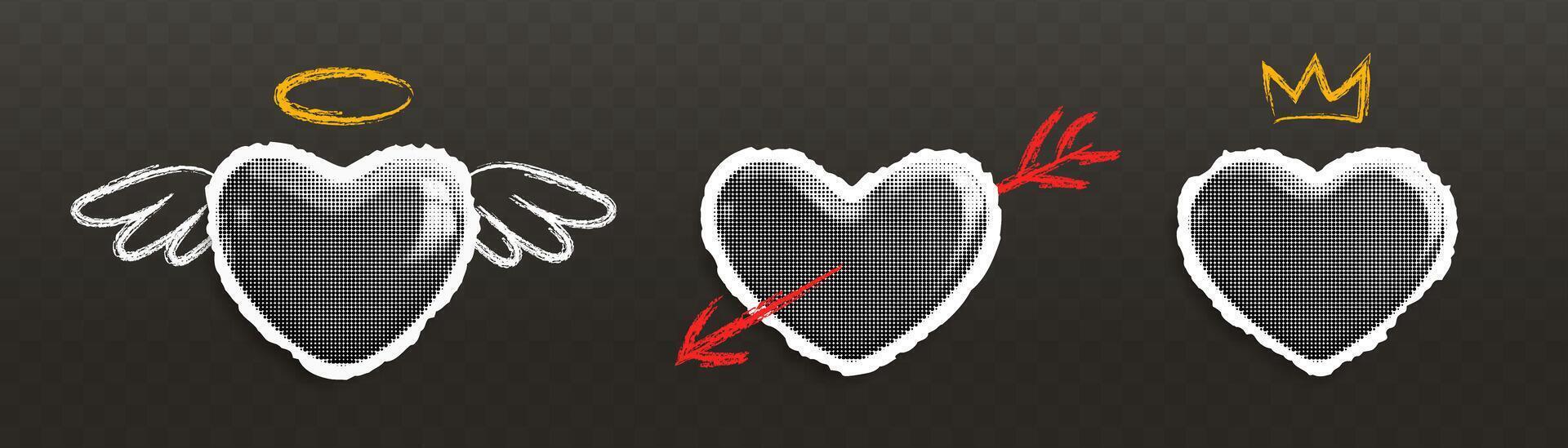 Set of retro halftone sticker hearts on torn paper. Paper cut hearts with wings, arrow and crown on dark background. Love symbol for banners, poster, collages for Valentine's Day vector