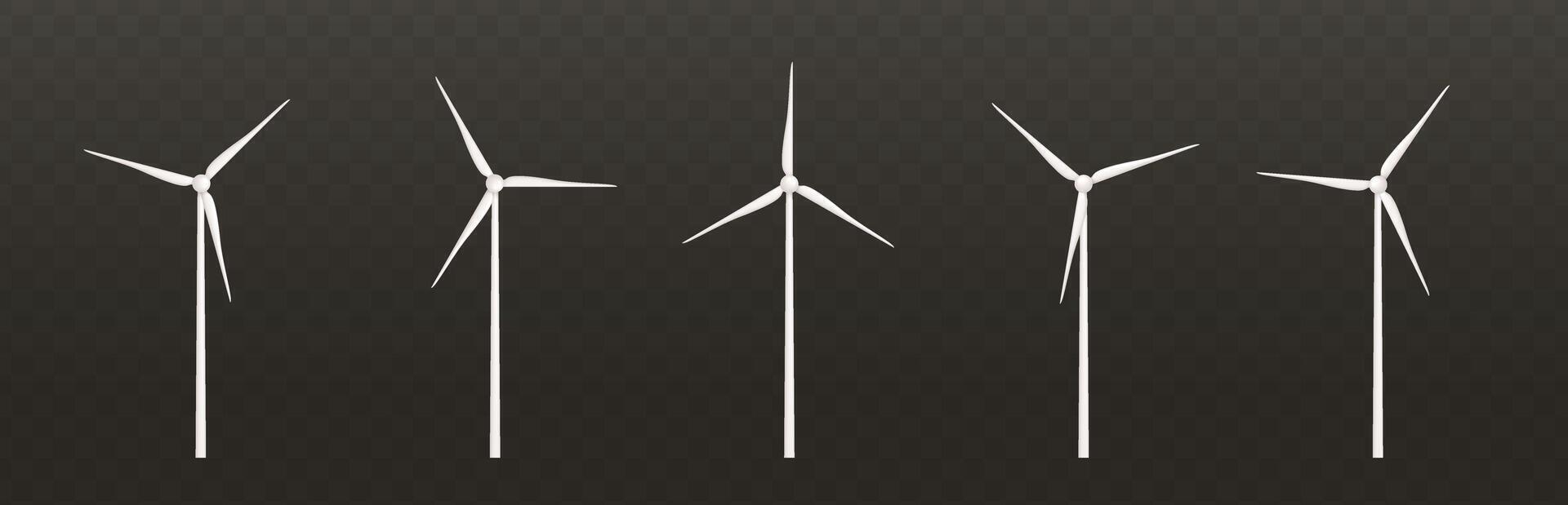 Set of white 3d wind turbines. Windmills for eco energy. Wind towers with vanes for producing renewable alternative natural energy on dark background vector