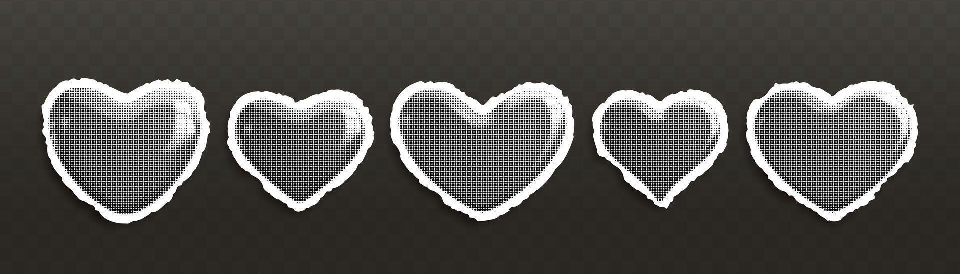 Set of retro halftone sticker hearts on torn paper. Paper cut hearts on dark background. Love symbol for greeting cards, banners, poster, collages for Valentine's Day vector