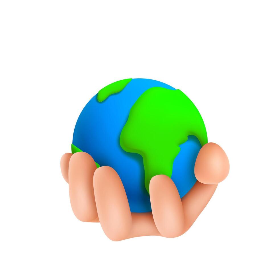 3d planet earth in hand isolated on white background. Plastic icon earth globe for Earth day, world environment day vector