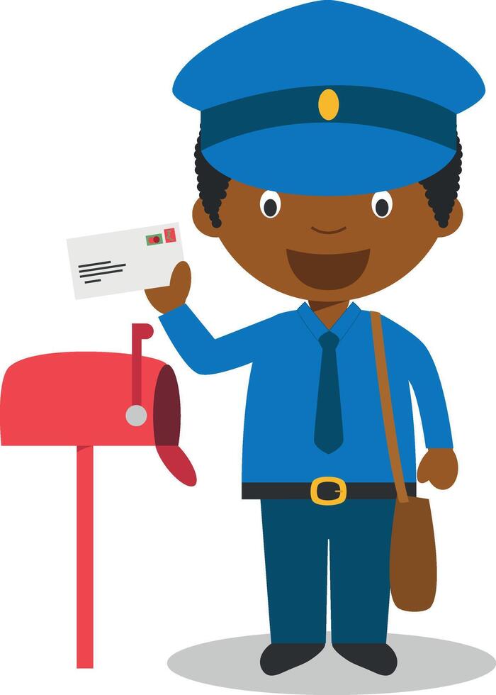Cute cartoon illustration of a black or african american male postman. vector
