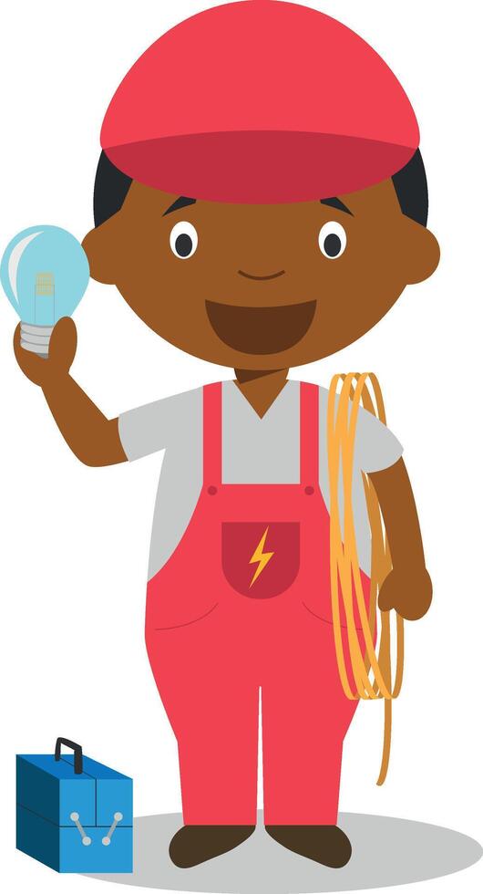 Cute cartoon illustration of a black or african american male electrician. vector