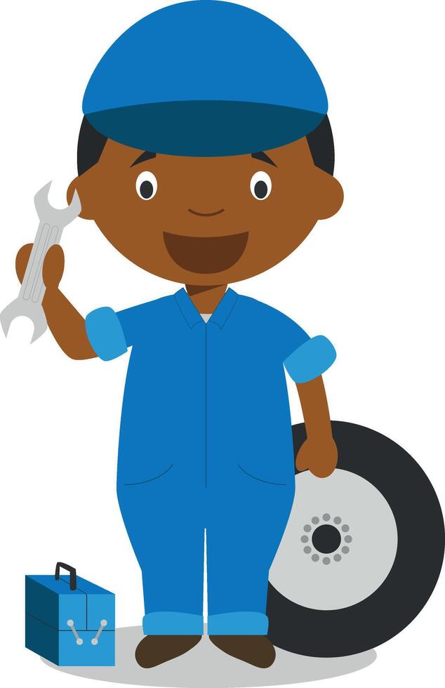 Cute cartoon illustration of a black or african american male mechanic. vector