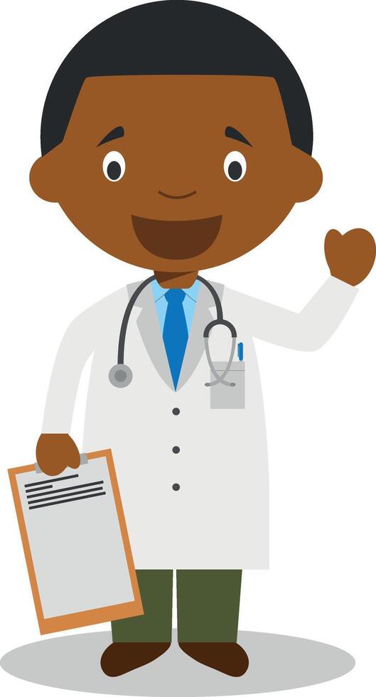 Cute cartoon illustration of a black or african american male doctor. vector