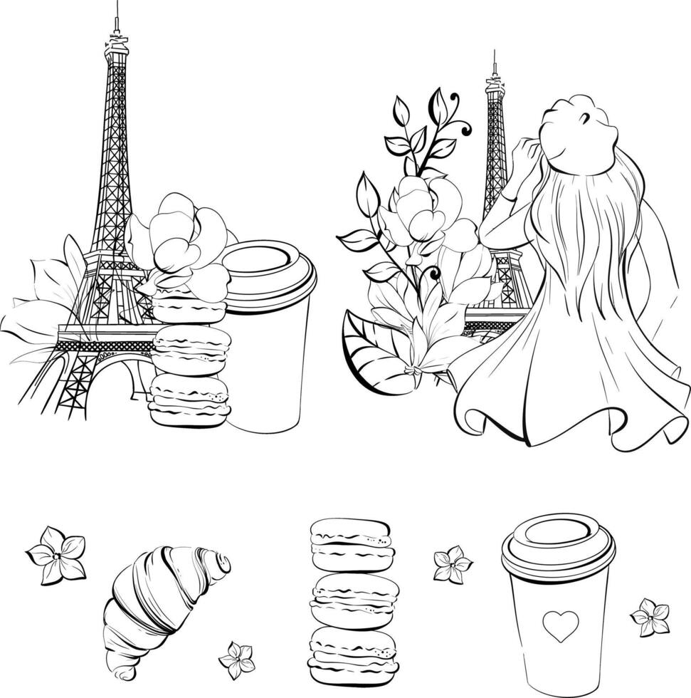 set with Eiffel Tower, Parisian woman, Paper cup of coffee, sweet deserts and bakery, street food. Black silhouette for circuit. Romantic travel to France vector