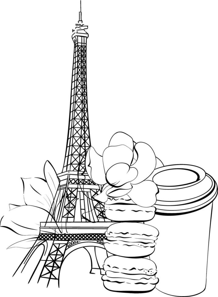 illustration of Eiffel Tower and macaroons, coffee cup. Romantic street food in Paris for poster, greeting card, print with hand drawn. France famous symbol. Black silhouette for circuit vector