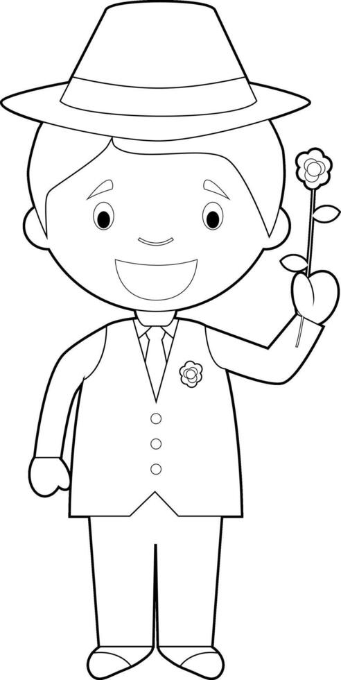 Easy coloring cartoon character from Argentina dressed in the traditional way as a tango dancer with a rose. Illustration. vector