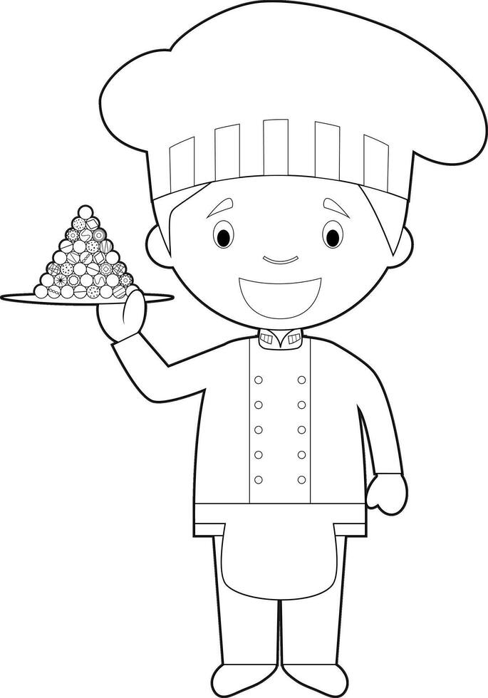 Easy coloring Pastry Chef cartoon character with typical chocolates from Belgium. Illustration. vector