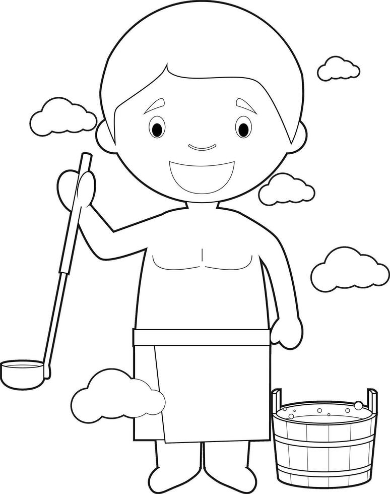 Easy coloring cartoon character from Finland in a traditional sauna. Illustration. vector