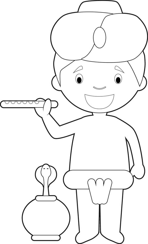 Easy coloring cartoon character from India dressed in the traditional way as a snake charmer. Illustration. vector