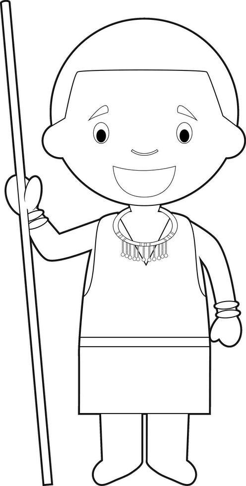 Easy coloring cartoon character from Kenya dressed in the traditional way of the Masai tribe. Illustration. vector