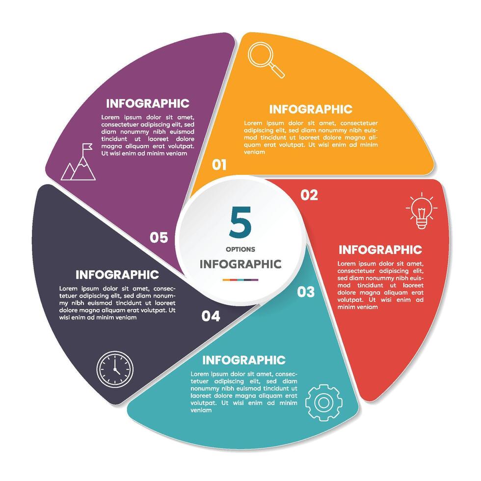 Circle shape infographic chart template with 5 options. vector