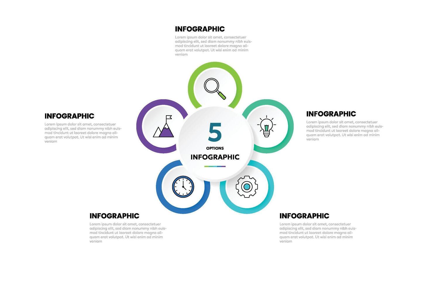 Circle shape infographic chart template with 5 options. vector