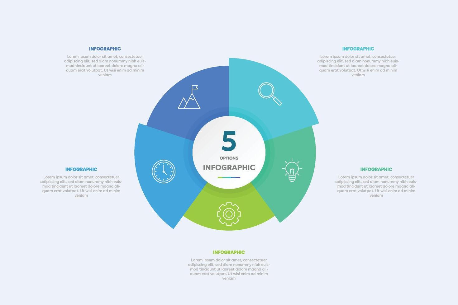 Circle shape infographic chart template with 5 options. vector