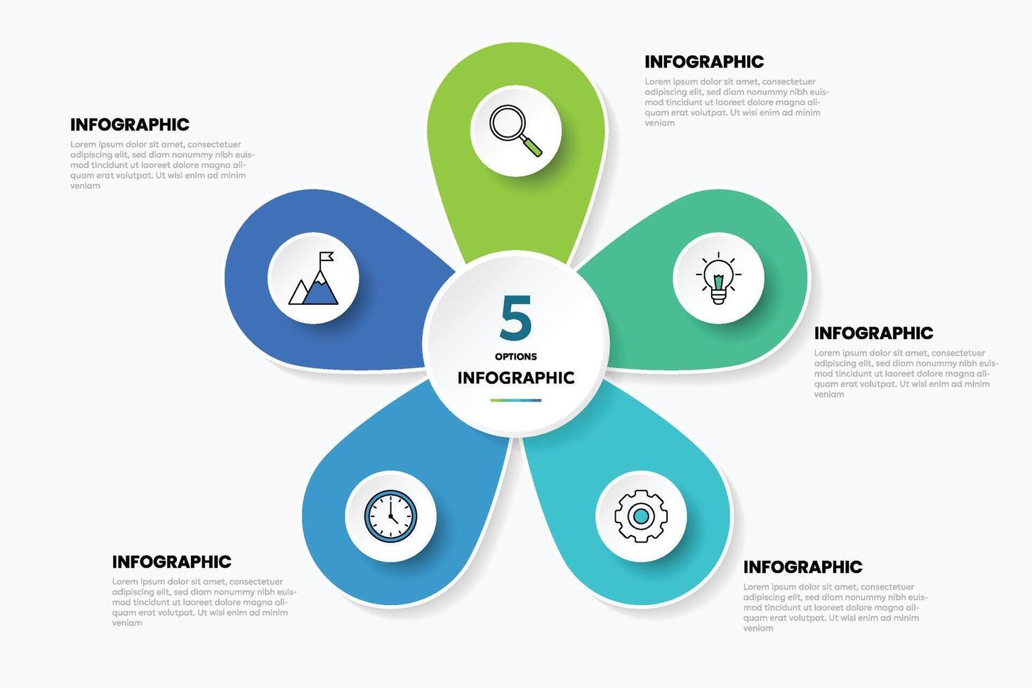 Circle shape infographic chart template with 5 options. vector