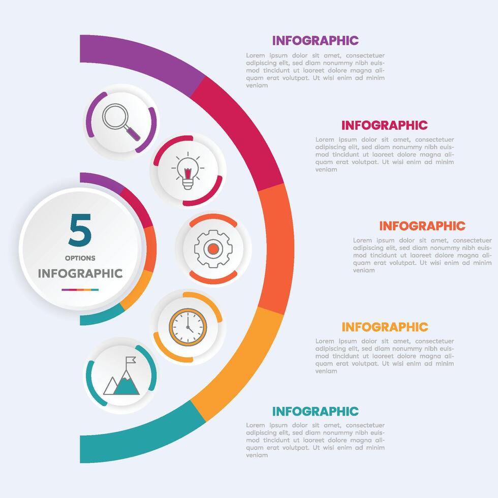 Circle shape infographic chart template with 5 options. vector