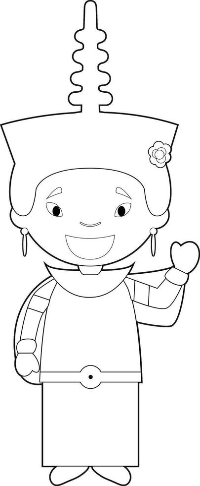 Easy coloring cartoon character from Cambodia dressed in the traditional way Illustration. vector