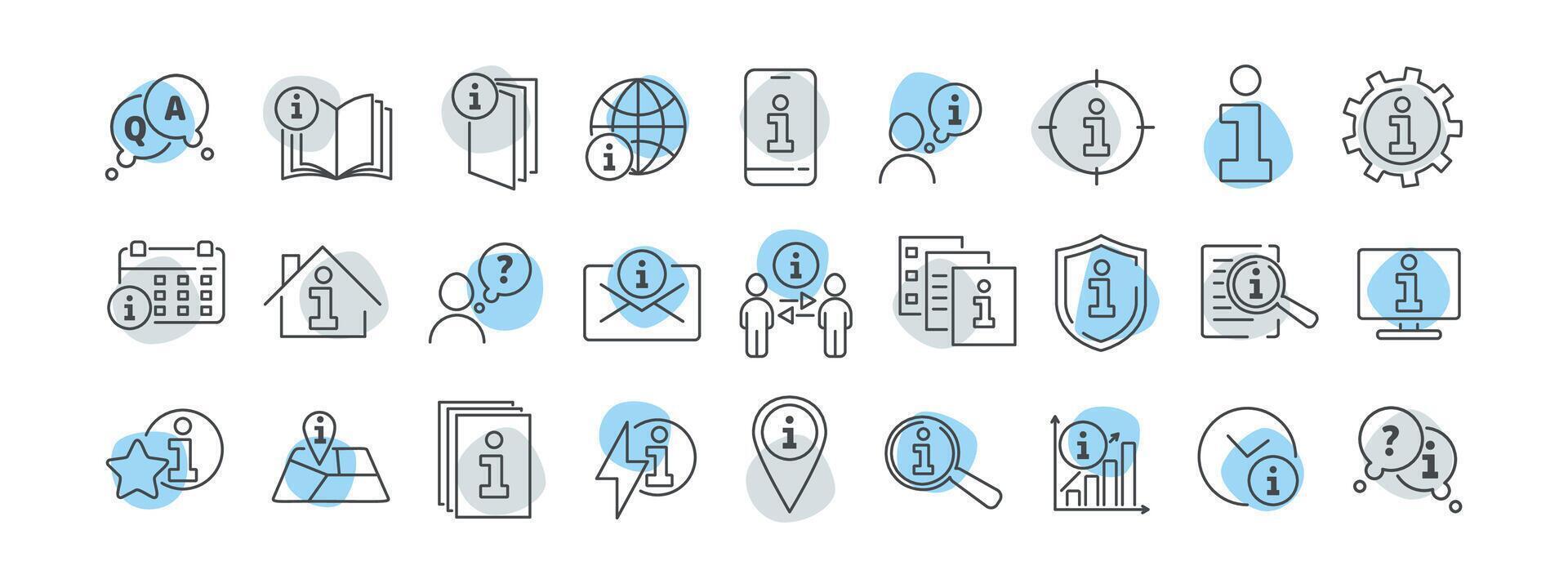 Information center line icon set. Guide, manual, help, hint, answer, tutorial, booklet, leaflet, search, settings, web, book, flyer, reception illustration. Editable Stroke. vector