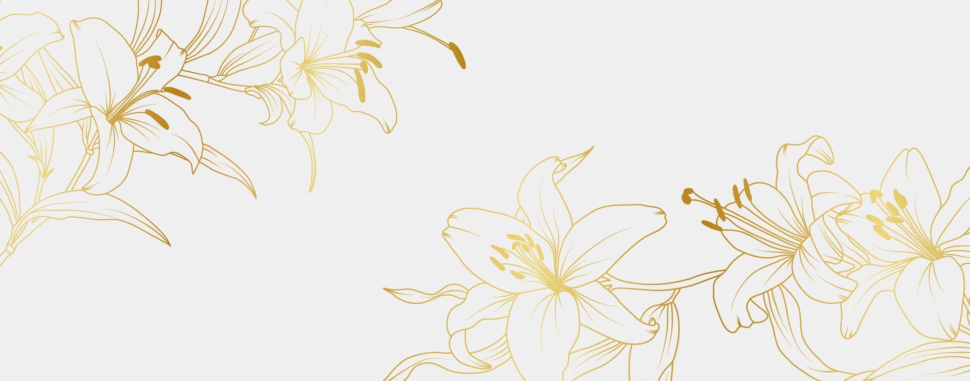 Luxury gold lily flowers background. Floral pattern tropical in line art style for greeting, invitation, wedding card, wall art, wallpaper and print. illustration vector