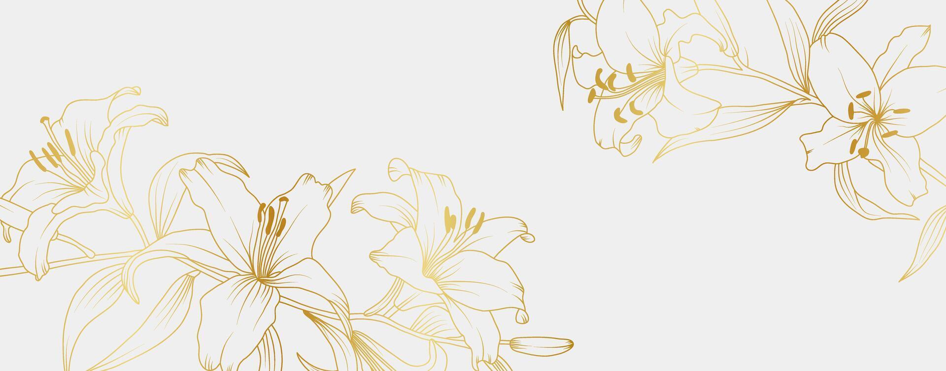 Luxury gold lily flowers background. Floral pattern tropical in line art style for greeting, invitation, wedding card, wall art, wallpaper and print. illustration vector
