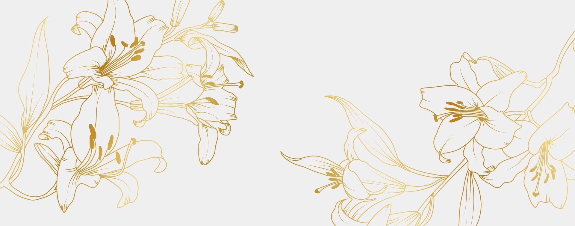 Luxury gold lily flowers background. Floral pattern tropical in line art style for greeting, invitation, wedding card, wall art, wallpaper and print. illustration vector