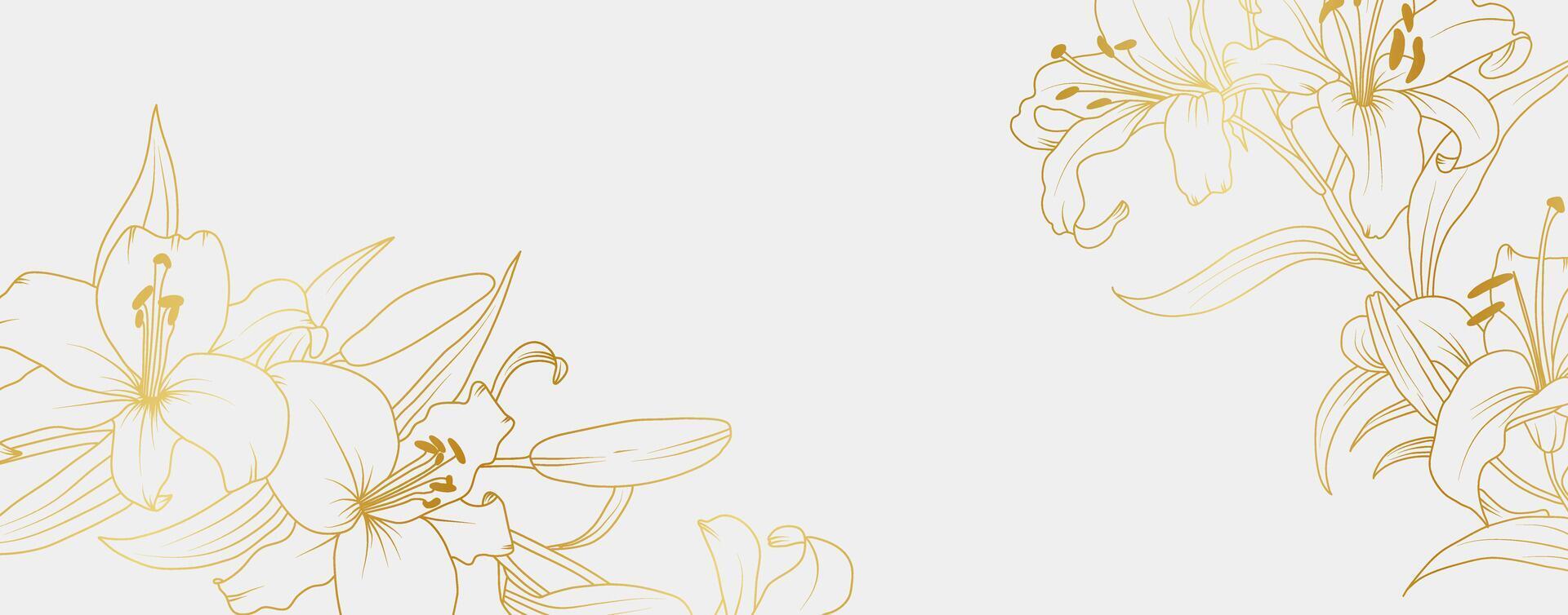 Luxury gold lily flowers background. Floral pattern tropical in line art style for greeting, invitation, wedding card, wall art, wallpaper and print. illustration vector