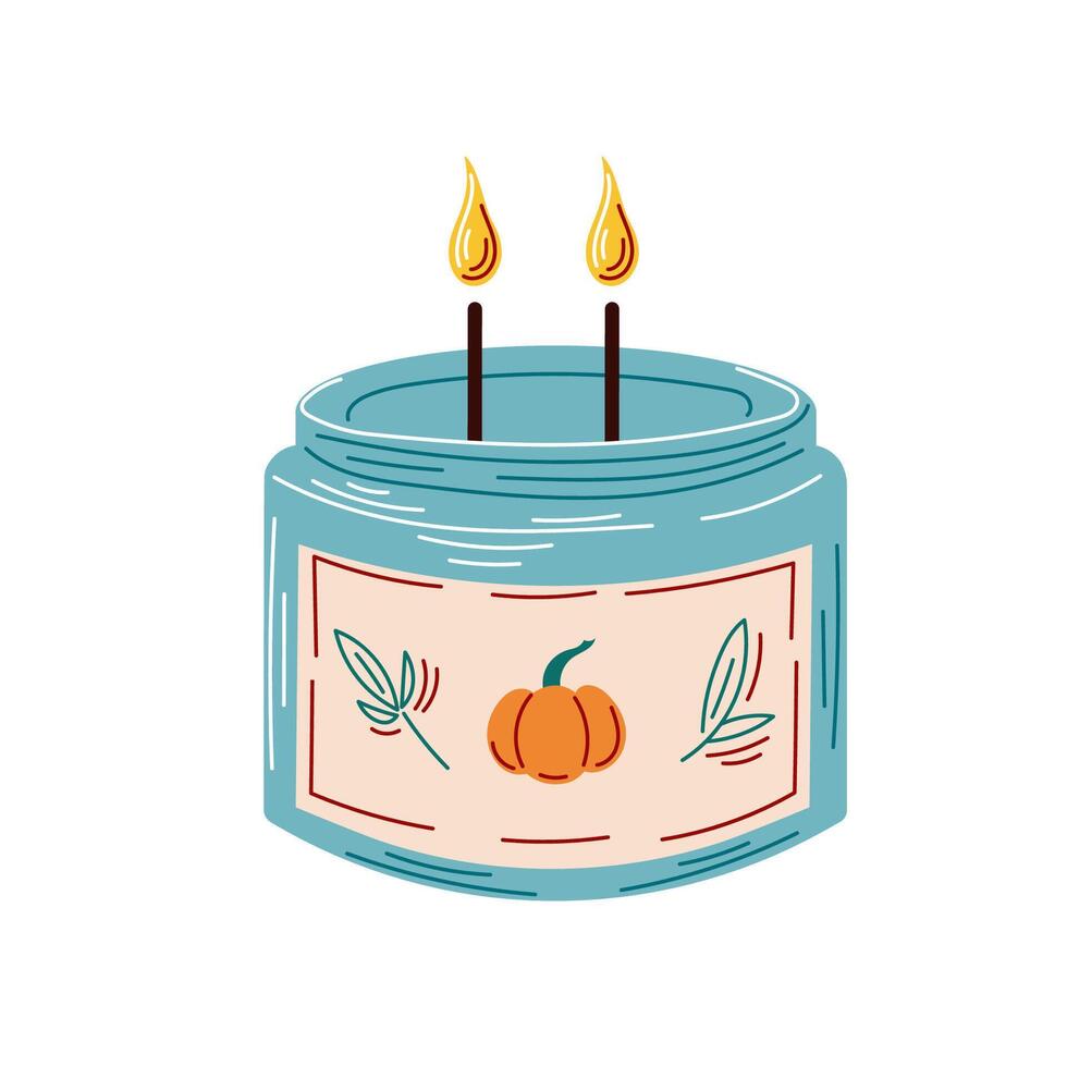 Aroma pumpkin candle in a candlestick flat style. Calm and cozy atmosphere. Scented candles in jar. Design for poster, banner, postcard, sticker. illustration isolated on a white background. vector
