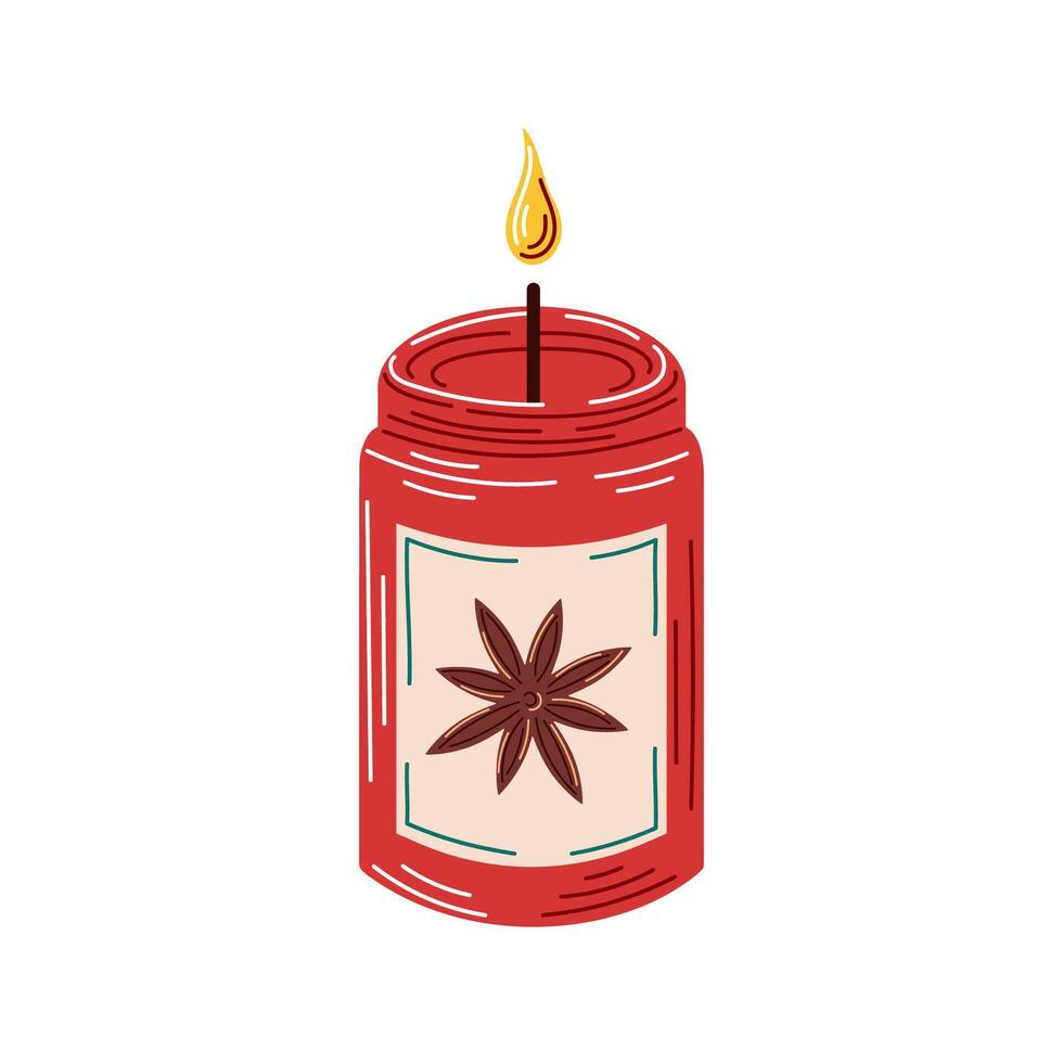 Aromatherapy candle with label sticker and cinnamon scented. Hand drawn style. illustration isolated on a white background. vector