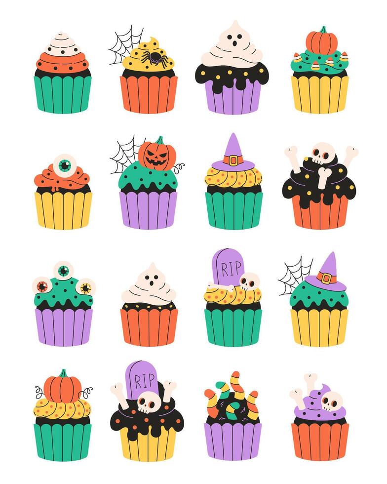 Cute Halloween cupcakes with eyes, spider, web, ghost, pumpkins, bones. Happy Halloween. Trick or treat. vector